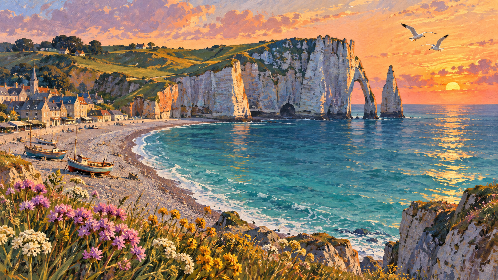 Évocation peinte d’Étretat au couchant